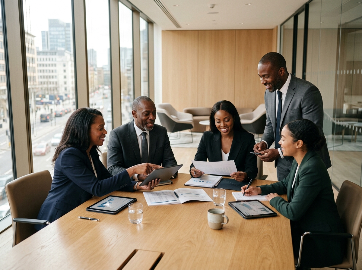 Ferisher Consult advisors reviewing financial reports with a client