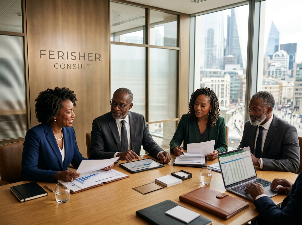 Ferisher Consult audit, tax and advisory partner team collaborating in executive boardroom