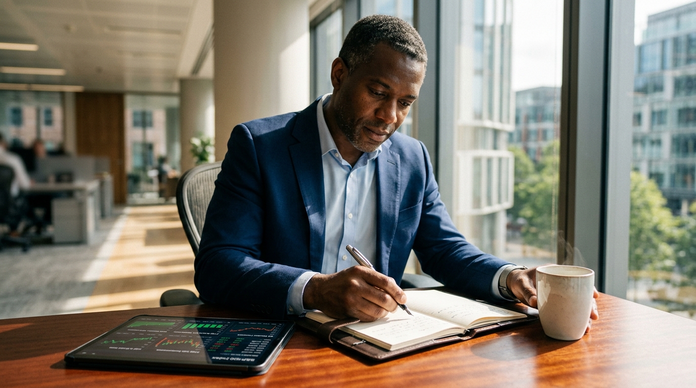 Financial analyst reviewing market insights and economic research